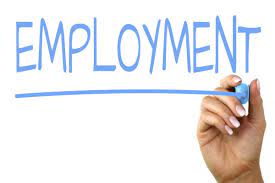 A hand writing the word EMPLOYMENT in light blue text, white background